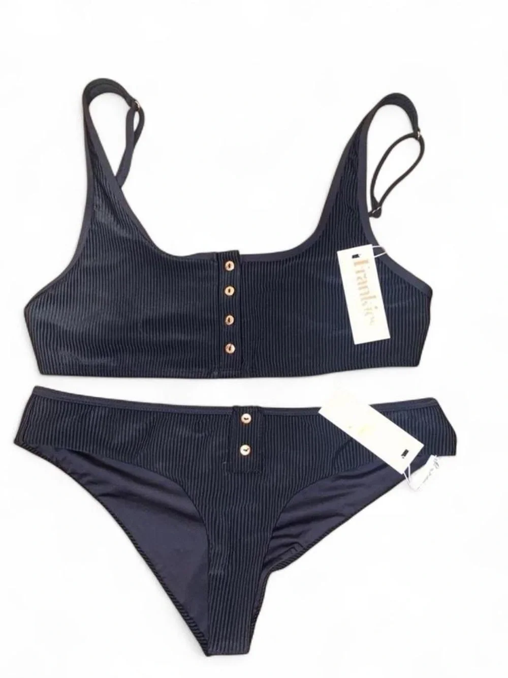 Frankie's Bikinis Black Ribbed Button-Front Bikini Set
